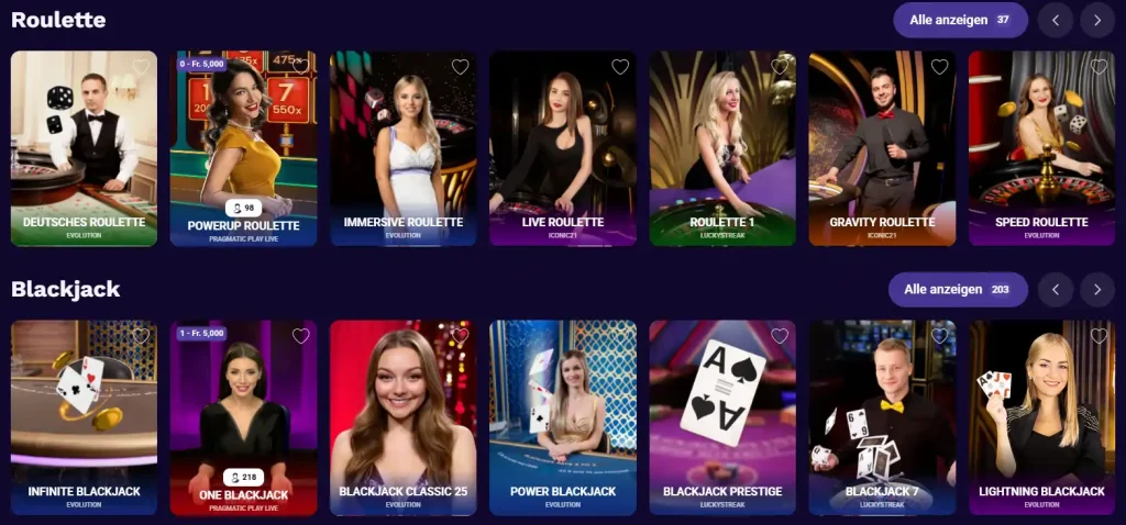 Liraspin Casino Live Casino Bereich mit Roulette und Blackjack Spielen von verschiedenen Anbietern