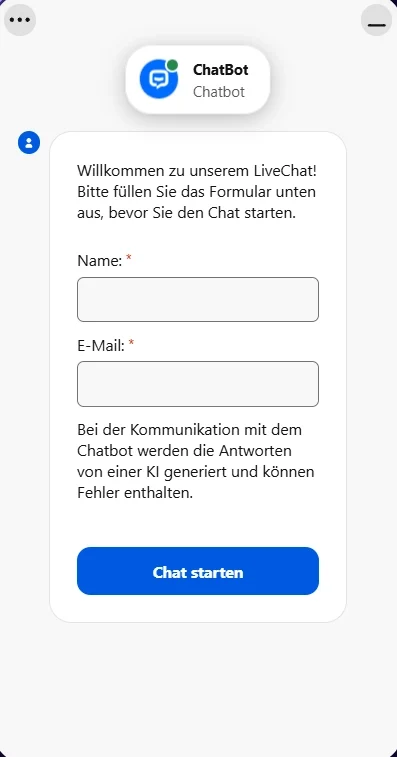 Liraspin Casino Live Chat Support mit Chatbot Formular für Name und E-Mail Eingabe