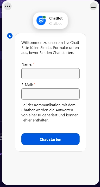 Liraspin Casino Live Chat Support mit Chatbot Formular für Name und E-Mail Eingabe