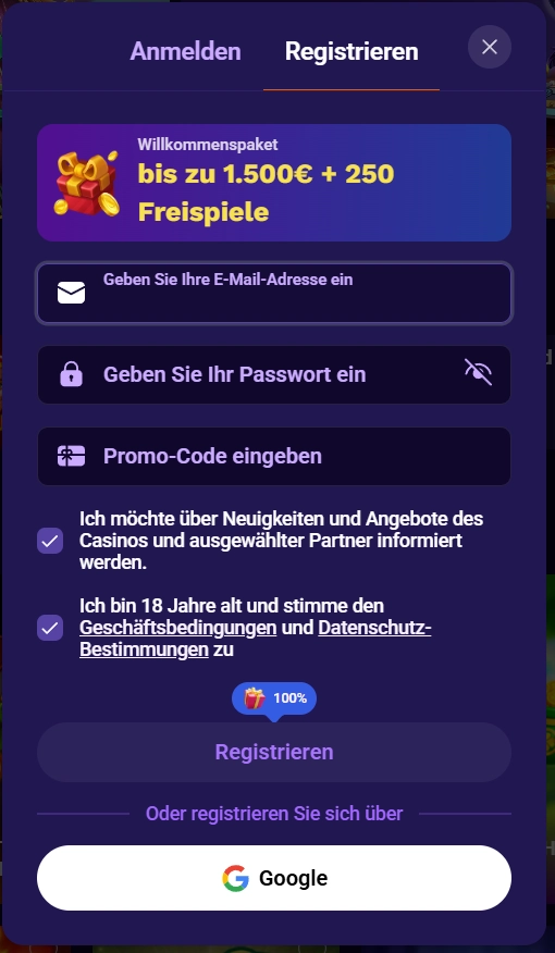 Liraspin Casino Registrierungsformular mit Willkommensbonus bis zu 1500 Euro und Freispiele