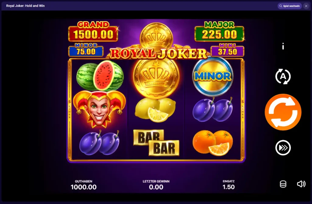 Liraspin Casino Royal Joker Slot im Demo Modus mit Jackpot Anzeige und Symbolen
