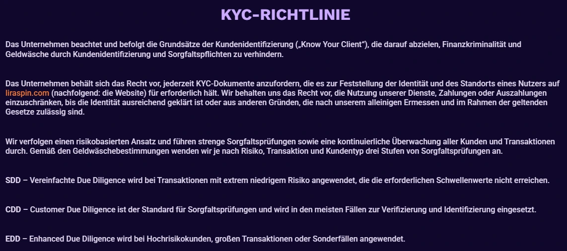 KYC-Richtlinie und Sicherheitsmaßnahmen im LiraSpin Casino