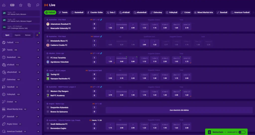 Liraspin Casino Sportwetten Bereich mit Live Fußball Spielen und Quoten Übersicht