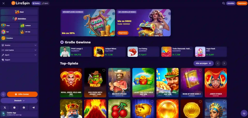Liraspin Casino Startseite mit Spiele Auswahl Bonus Bannern und Navigationsmenü