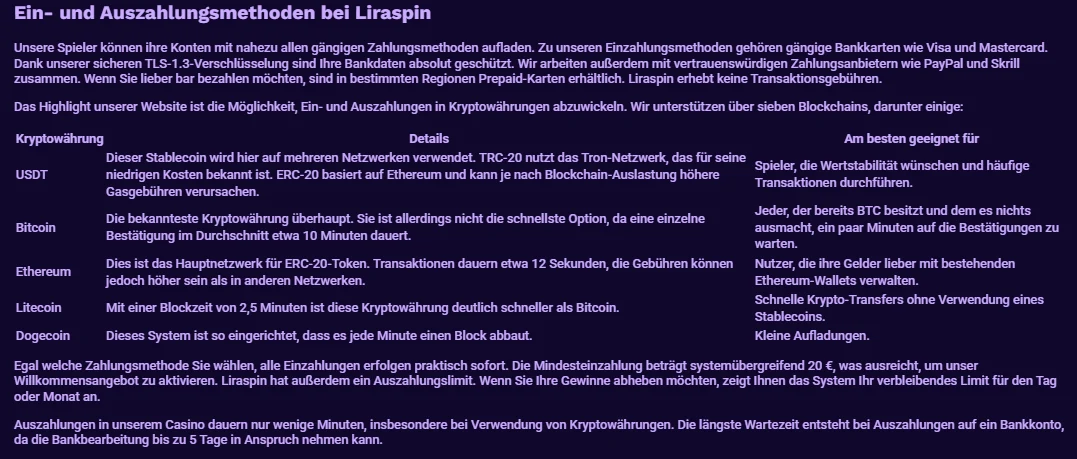 Ein- und Auszahlungsmethoden im LiraSpin Casino